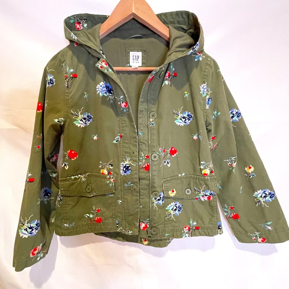GAP Cute Cotton Flowery Military Green Light Zip Jacket Hood Size L